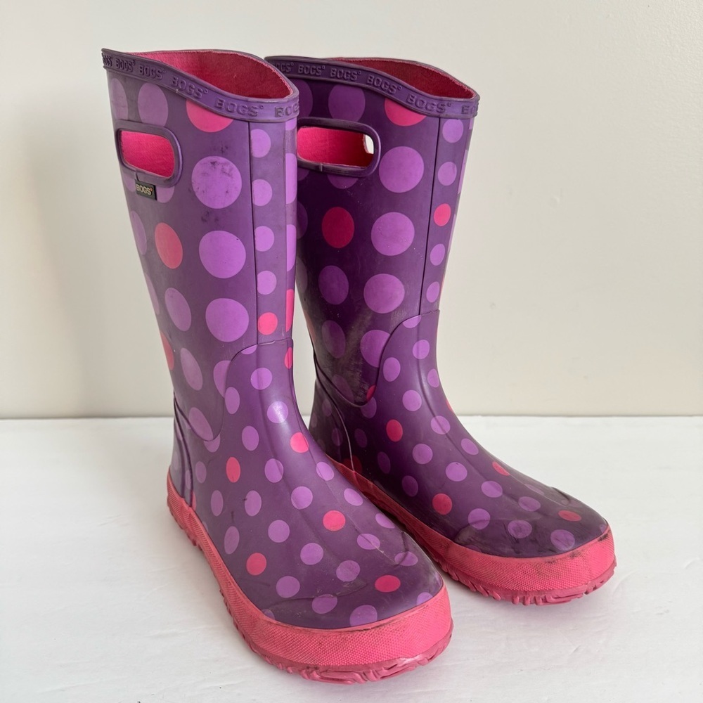 Bogs Rubber Pull On Waterproof Rain Boots Polka Dot Purple Big Kids Youth Size 5 - Picture 7 of 13